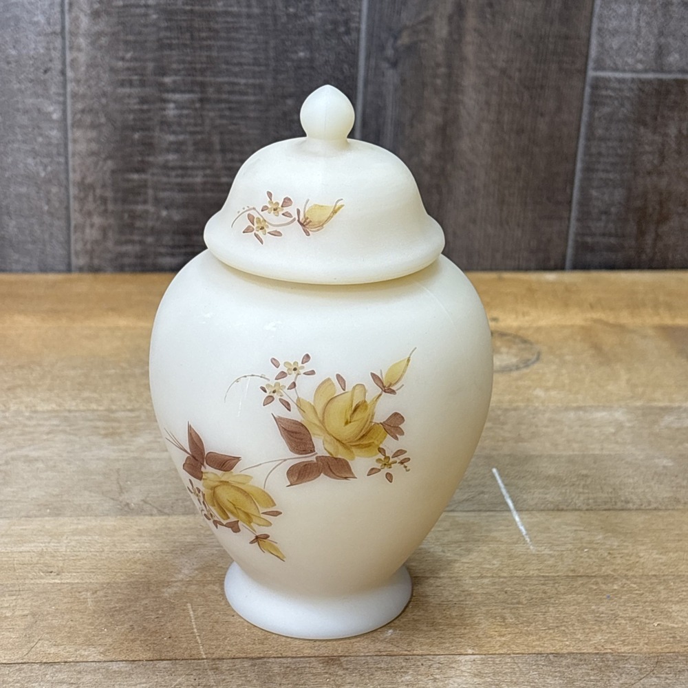 Vintage Fenton Cameo Satin Glass Ginger Jar Chocolate Roses Hand Painted